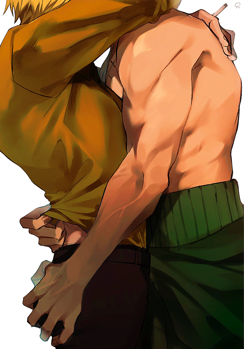 2boys absurdres ass_grab blonde_hair couple cowboy_shot grabbing_another's_ass green_hair groping head_out_of_frame highres implied_kiss male_focus mlh7q multiple_boys one_piece pectorals roronoa_zoro sanji_(one_piece) short_hair toned toned_male topless_male undressing_another veins veiny_arms yaoi