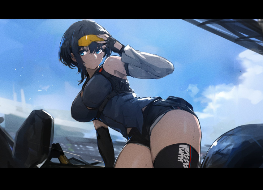 1girl belt black_gloves black_hair blue_eyes blue_sky character_request cloud cloudy_sky copyright_request denim denim_shorts eyewear_on_head gloves goggles goggles_on_head highres las91214 short_hair short_shorts shorts sky solo strap thick_thighs thighhighs thighs tinted_eyewear yellow-tinted_eyewear