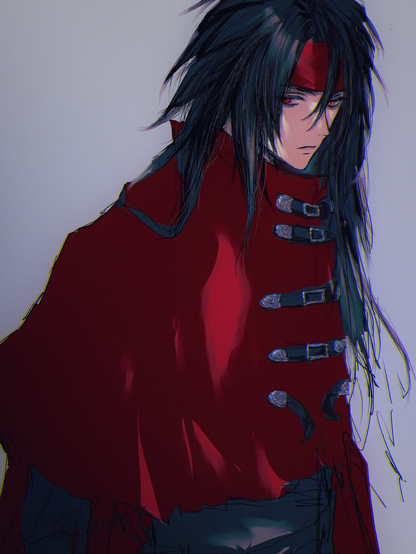 1boy belt_buckle black_hair black_jacket buckle cape cloak closed_mouth final_fantasy final_fantasy_vii final_fantasy_vii_rebirth final_fantasy_vii_remake grey_background hair_between_eyes headband highres jacket kanoe_k long_hair looking_at_viewer male_focus red_cape red_cloak red_eyes red_headband solo upper_body vincent_valentine