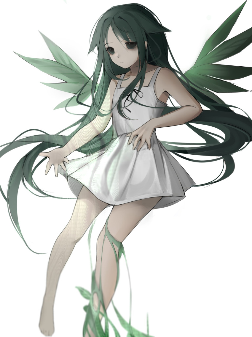 1girl bags_under_eyes bare_shoulders barefoot closed_mouth dress flat_chest green_eyes green_hair green_wings hair_flaps highres long_hair open_hand saya_(saya_no_uta) saya_no_uta short_dress sleeveless sleeveless_dress slime_(substance) solo sundress ultra_d3spair very_long_hair white_background white_dress wings