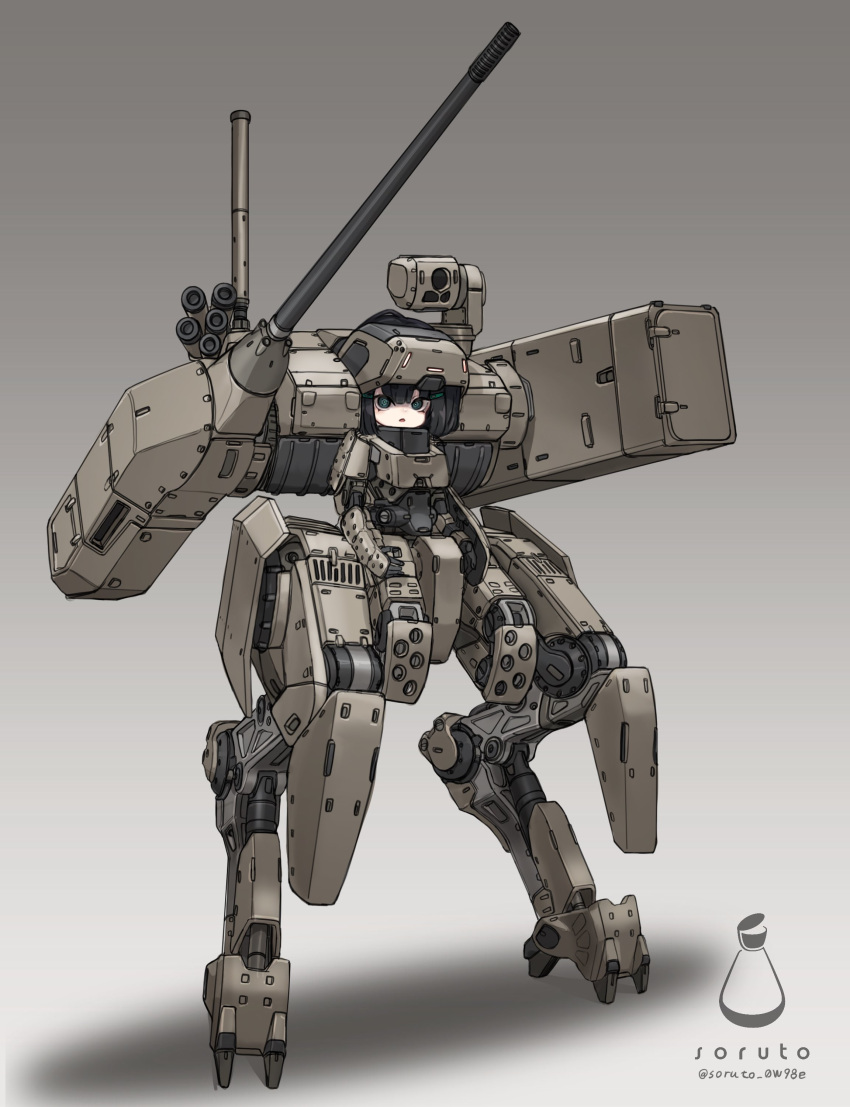 1girl absurdres aqua_eyes armor black_hair cannon commentary_request digitigrade forehead_protector full_body hair_ornament hairclip highres joints looking_at_viewer mecha_musume missile_pod original radio_antenna robot_joints smoke_grenade_launcher solo soruto_0w98e standing