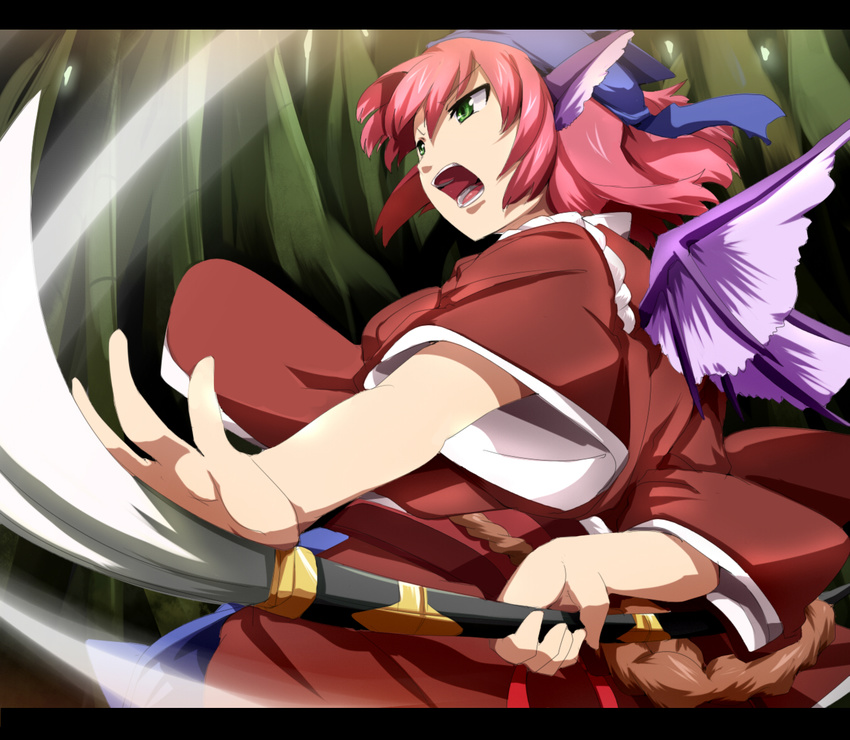 animal_ears head_scarf japanese_clothes mystia_lorelei naginata okamisty open_mouth pink_hair polearm short_hair solo touhou umakatsuhai weapon wings