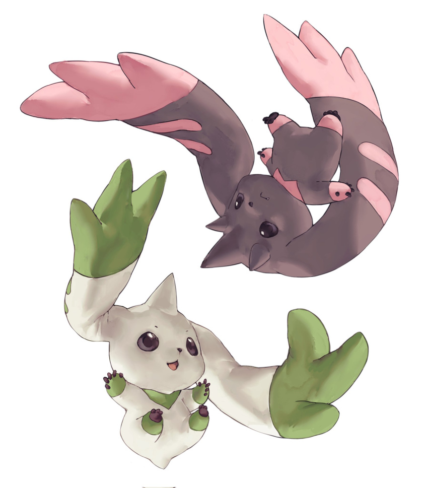 animal_ears brown_fur digimon digimon_(creature) fang highres horns lop_rabbit_ears lopmon no_humans rabbit_ears rotational_symmetry sayoko404 single_horn terriermon upside-down white_fur