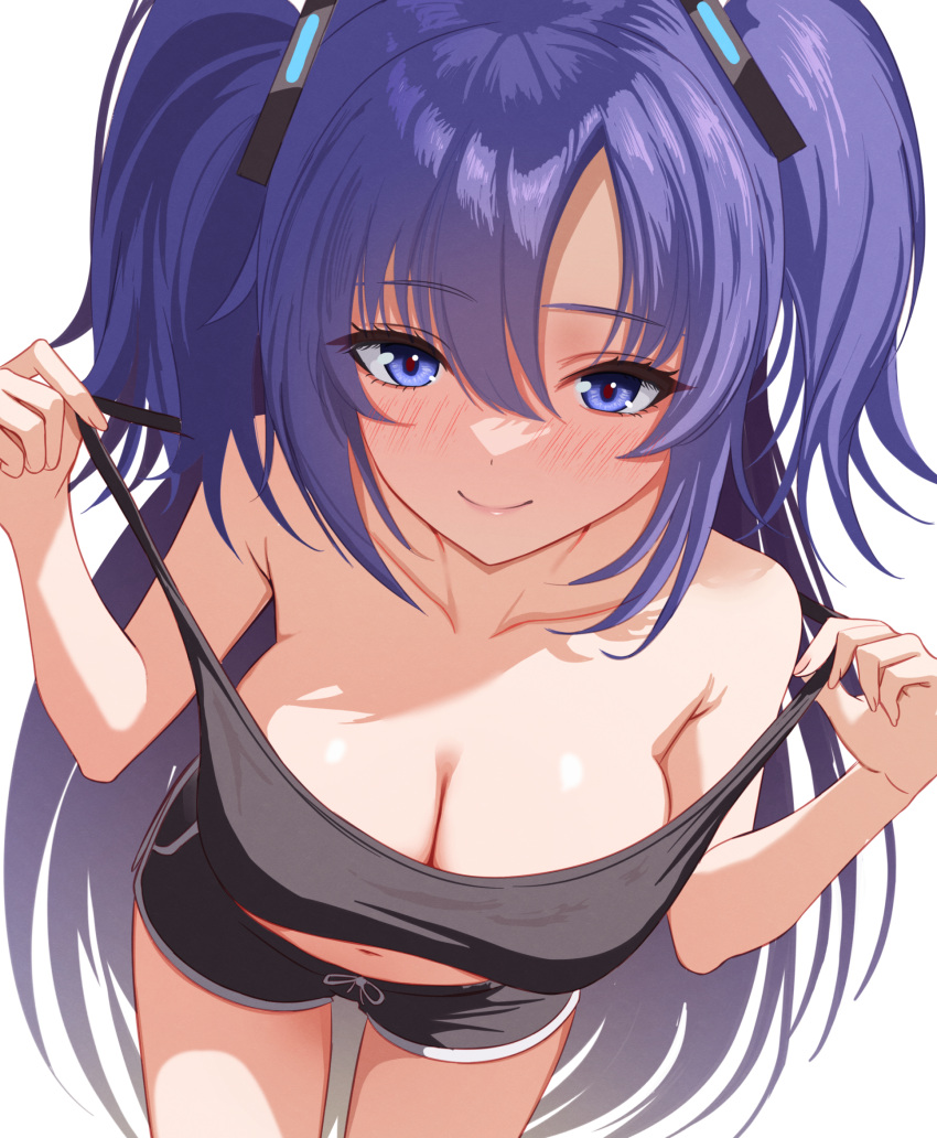 1girl bare_shoulders black_halo black_shirt black_shorts blue_archive blue_eyes blush breasts cleavage commentary hair_between_eyes hair_ornament halo highres large_breasts long_hair looking_at_viewer navel ni_tamago_sando purple_hair shirt short_shorts shorts simple_background sleeveless sleeveless_shirt smile solo symbol-only_commentary twintails white_background yuuka_(blue_archive)