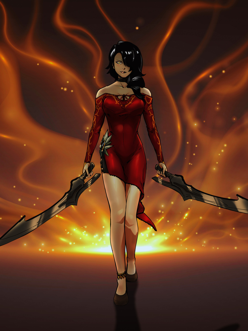 1girl absurdres bare_shoulders black_footwear black_hair breasts cinder_fall dress dual_wielding fiery_background fire high_heels highres holding holding_sword holding_weapon invictarex long_hair looking_at_viewer one_eye_covered red_dress rwby smile solo sword weapon yellow_eyes