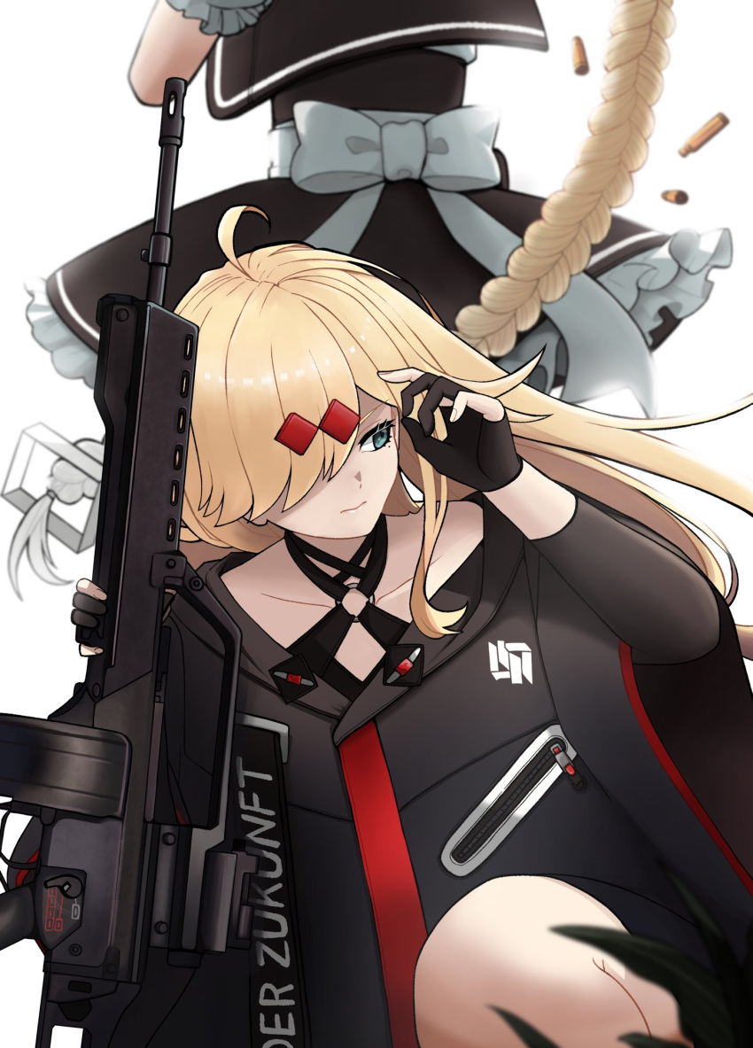 2girls ahoge aqua_eyes back_bow black_dress black_gloves blonde_hair bow braid closed_mouth dress english_commentary g36_(girls'_frontline) girls'_frontline gloves gradient_hair gun h&amp;k_mg36 hair_ornament hair_over_one_eye highres holding holding_gun holding_weapon kpl_kuzumochi light_machine_gun long_braid long_hair maid mg36_(girls'_frontline) multicolored_hair multiple_girls partially_fingerless_gloves shell_casing simple_background weapon white_background white_bow white_hair