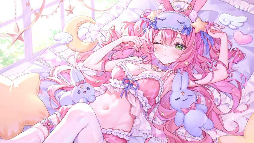 1girl alllisso artist_name bow breasts choker crescent crescent_necklace crescent_pillow dreamy_etude green_eyes hair_ornament halo highres indie_virtual_youtuber jewelry long_hair lying navel necklace on_back one_eye_closed pillow pink_bow pink_hair purple_bow purple_choker purple_ribbon ribbon sleep_mask solo star-shaped_pillow star_(symbol) star_choker star_hair_ornament stuffed_toy thigh_strap thighhighs virtual_youtuber white_thighhighs window