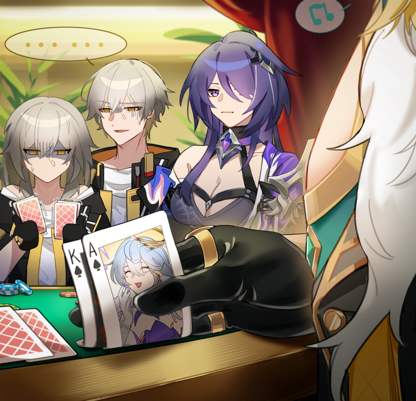 625light absurdres ace_(playing_card) acheron_(honkai:_star_rail) armor aventurine_(honkai:_star_rail) black_choker breasts caelus_(honkai:_star_rail) card choker cleavage cleavage_cutout clothing_cutout commentary gambling gloves grey_hair hair_ornament hair_over_one_eye highres holding holding_card honkai:_star_rail honkai_(series) king_(playing_card) playing_card poker poker_chip poker_table purple_eyes purple_hair robin_(honkai:_star_rail) shaded_face shoulder_armor single_bare_shoulder speech_bubble stelle_(honkai:_star_rail) symbol-only_commentary table trailblazer_(honkai:_star_rail)