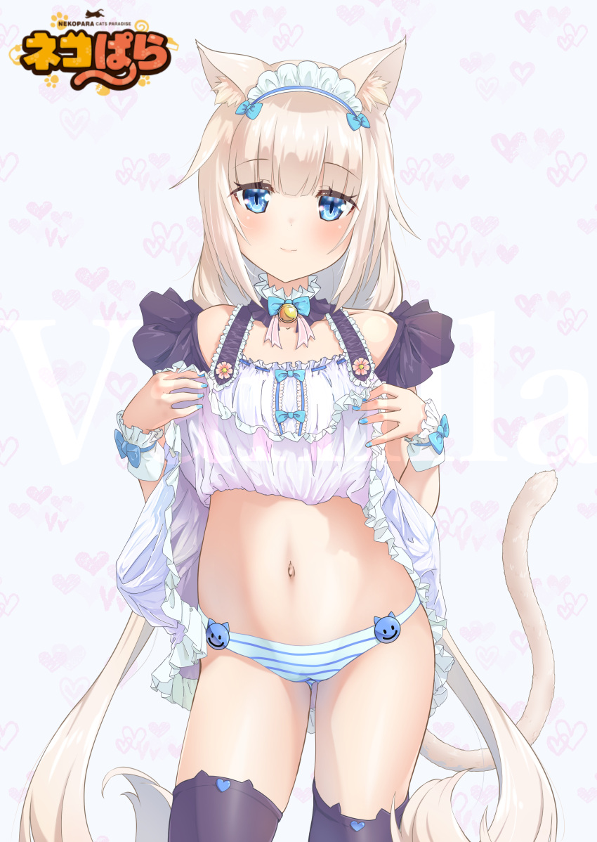 1girl absurdres animal_ear_fluff animal_ears bare_shoulders bell black_thighhighs blue_bow blue_bowtie blue_eyes blue_nails blunt_bangs blush bow bowtie cameltoe cat_ears cat_girl cat_tail center_frills character_name closed_mouth commentary_request copyright_name cowboy_shot dress eyelashes eyes_visible_through_hair frilled_dress frills hair_bow hands_up heart heart_background highres jingle_bell lifted_by_self long_hair looking_at_viewer low_twintails maid_headdress nail_polish navel neck_bell nekopara panties presenting raiz_art_works short_dress simple_background slit_pupils smile solo spaghetti_strap split_mouth standing stomach straight_hair striped_clothes striped_panties tail tail_raised thighhighs thighs twintails underwear vanilla_(nekopara) very_long_hair white_dress white_hair white_wrist_cuffs wrist_bow wrist_cuffs