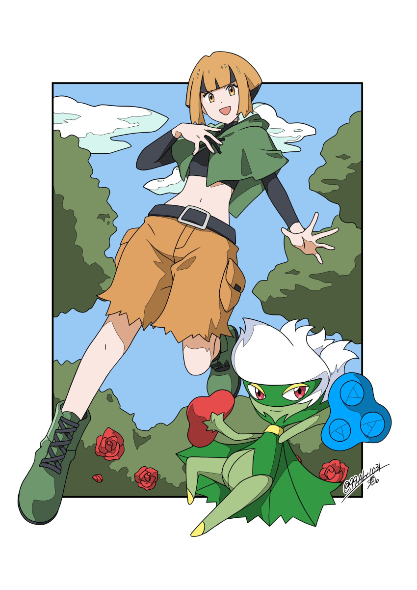 1girl 99akt1031 :d absurdres black_shirt blunt_bangs boots capelet cloud commentary_request day eyelashes flower gardenia_(pokemon) green_capelet green_footwear hand_up highres long_sleeves multicolored_hair navel open_mouth outdoors pokemon pokemon_(creature) pokemon_dppt red_flower roserade shirt shorts sky smile torn_clothes torn_shorts twitter_username two-tone_hair