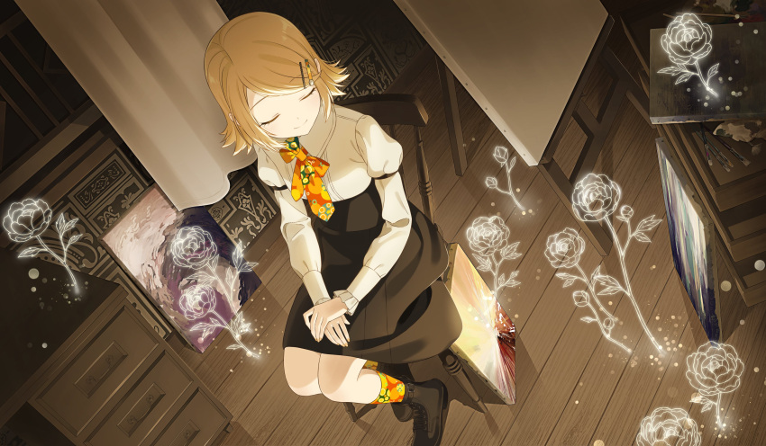 1girl 25-ji_rin absurdres armband black_armband black_footwear black_skirt blonde_hair bon_bon_eee canvas_(object) chair closed_eyes collared_shirt commentary_request drawer easel flower from_above glowing_flower hair_ornament hairclip hands_on_lap high-waist_skirt highres kagamine_rin kneehighs knowing_the_unseen_(project_sekai) light_particles long_sleeves multicolored_necktie multicolored_socks necktie official_alternate_costume on_chair paintbrush painting_(object) project_sekai puffy_sleeves shirt short_hair skirt smile socks swept_bangs vocaloid white_shirt wooden_floor yellow_nails