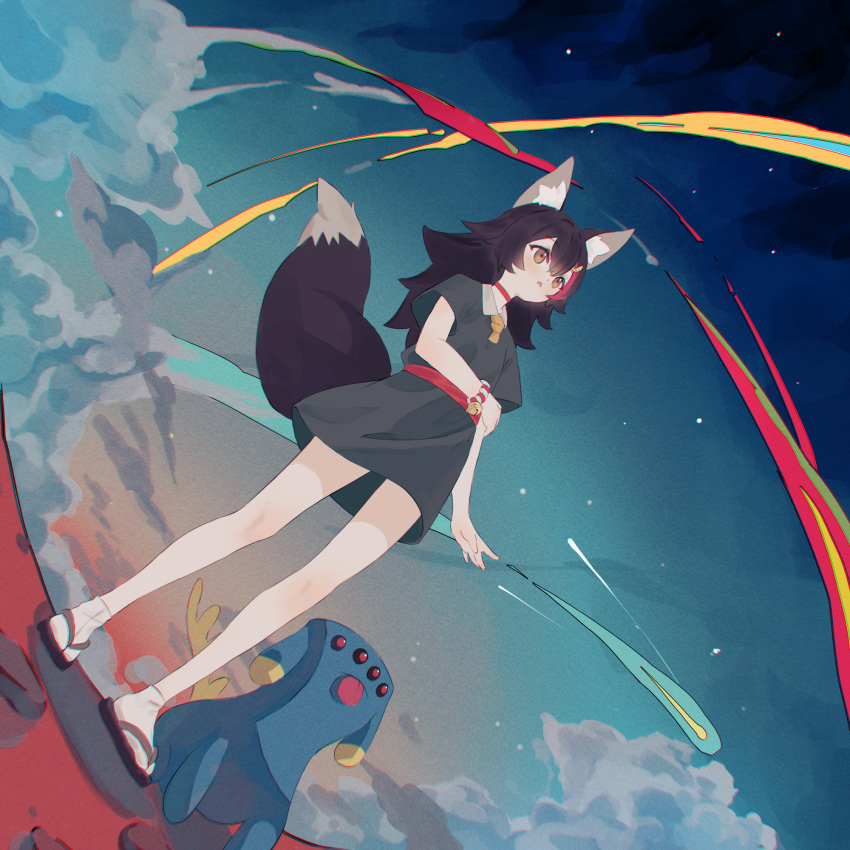 1girl animal_ears bell black_hair blue_dress blush bracelet choker cloud comet creature double-parted_bangs dress dutch_angle fisheye fishofthelakes hair_between_eyes highres holding_own_arm hololive jewelry jingle_bell long_hair multicolored_hair ookami_mio outdoors red_choker sandals short_sleeves sky socks solo star_(sky) starry_sky streaked_hair sunset tail virtual_youtuber white_socks wolf_ears wolf_tail yellow_eyes