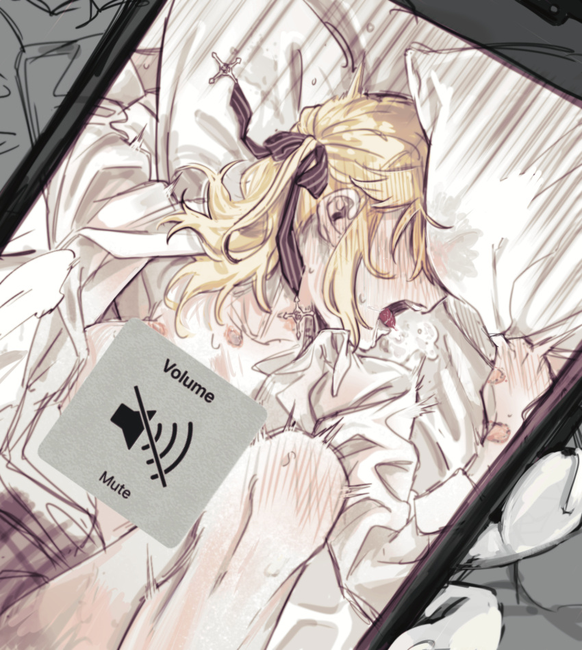 2girls anisphia_wynn_palettia bite_mark black_ribbon blonde_hair cellphone_photo commentary euphyllia_magenta female_pov from_above hair_ribbon hickey highres knee_up koyomania lying medium_hair multiple_girls on_back open_clothes open_mouth open_shirt pillow pillow_grab pov ribbon saliva school_uniform shirt sweat tensei_oujo_to_tensai_reijou_no_mahou_kakumei tongue trembling volume_symbol white_shirt yuri