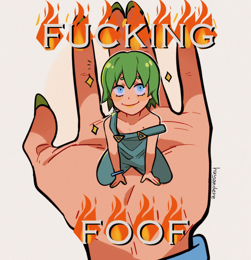 2girls absurdres blue_hair blue_overalls commentary english_commentary fingernails flat_chest foo_fighters_(jojo) green_hair green_nails highres huyandere jojo_no_kimyou_na_bouken kujo_jolyne long_fingernails mini_person minigirl multiple_girls overalls pov pov_hands short_hair signature smile solo_focus sparkling_aura stone_ocean strap_slip