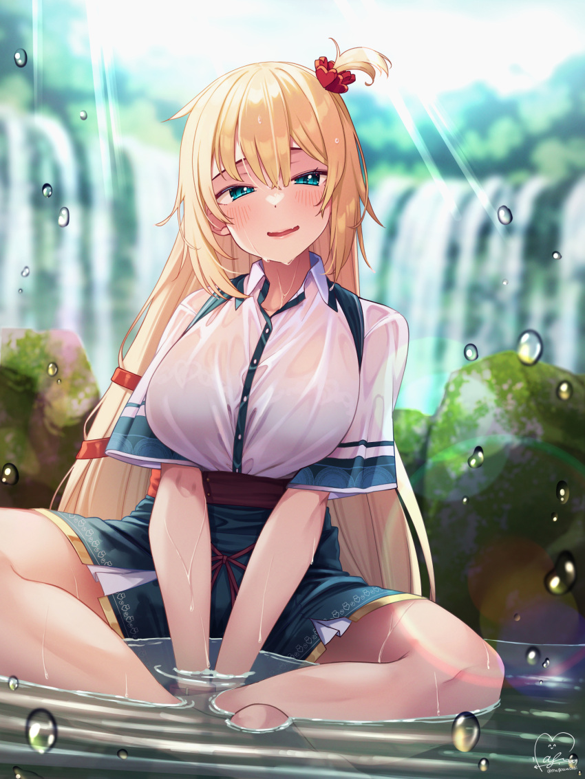 1girl akai_haato aqua_eyes blonde_hair blue_bra blue_skirt blurry blurry_background blush bra bra_visible_through_clothes breasts collared_shirt day hair_between_eyes hair_ornament hair_scrunchie highres hololive indian_style lace-trimmed_bra lace_trim large_breasts long_hair looking_at_viewer magowasabi outdoors partially_submerged scrunchie shirt sidelocks signature sitting skirt smile solo underwear very_long_hair virtual_youtuber water water_drop waterfall wet wet_clothes wet_shirt wet_skirt white_shirt