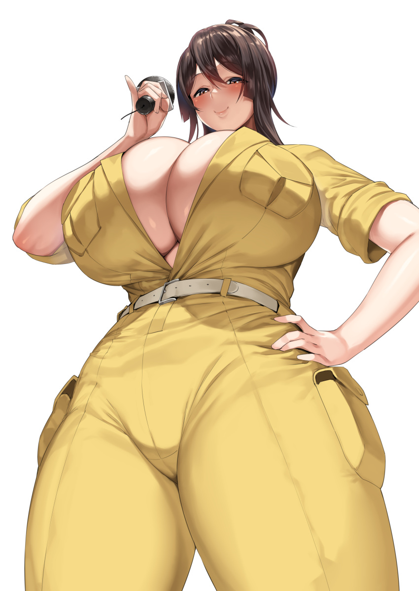 1girl absurdres belt black_hair breasts brown_eyes cleavage closed_mouth commentary_request curvy from_behind hair_between_eyes hakai_shin hand_on_own_hip highres holding huge_breasts jumpsuit looking_at_viewer looking_down original short_sleeves simple_background smile solo standing thick_thighs thighs white_background wide_hips yellow_jumpsuit