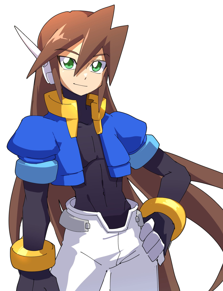 1boy absurdres black_bodysuit blue_jacket bodysuit bodysuit_under_clothes brown_hair covered_navel cowboy_shot cropped_jacket green_eyes hand_on_own_hip highres jacket long_hair mega_man_(series) mega_man_zx mega_man_zx_advent omeehayo open_clothes open_jacket pants robot_ears simple_background smile solo vent_(mega_man) white_background white_pants