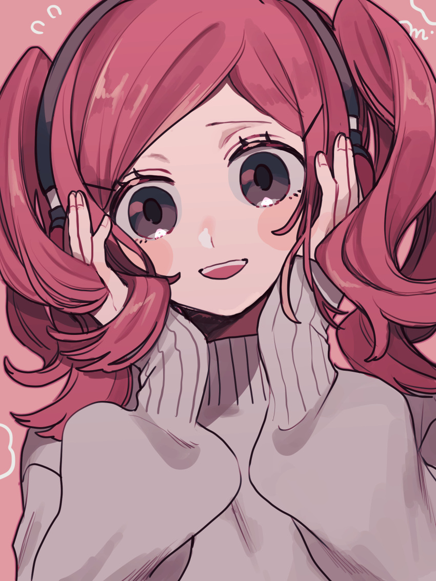 1girl blush_stickers brown_eyes hands_on_own_cheeks hands_on_own_face headphones highres long_hair long_sleeves looking_at_viewer maco22 open_mouth original pink_hair sleeves_past_wrists smile solo sweater twintails upper_body