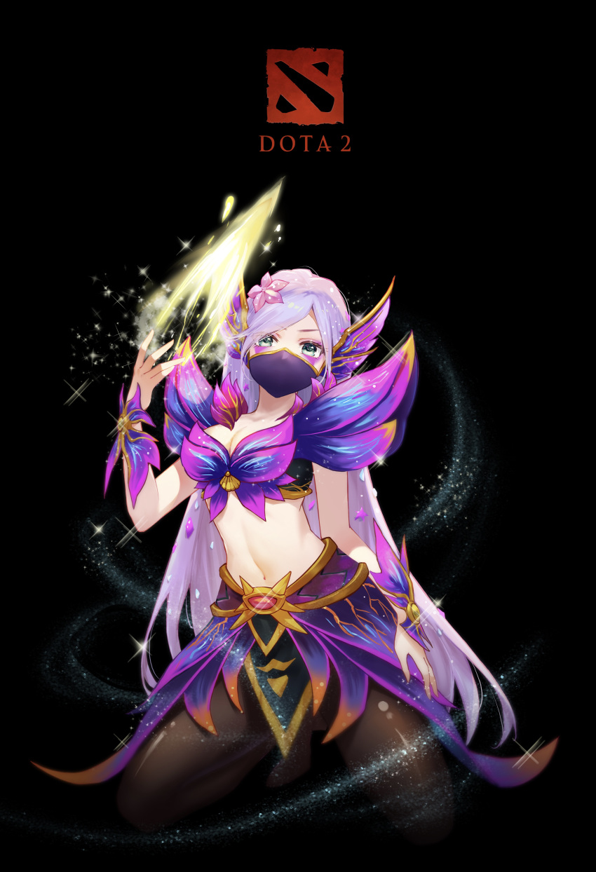 1girl absurdres breasts cleavage copyright_name dota_(series) dota_2 energy_blade english_commentary flower green_eyes hair_flower hair_ornament highres jokanhiyou long_hair looking_at_viewer mask medium_breasts midriff mouth_mask navel ninja_mask purple_hair solo sparkle templar_assassin_(dota) upper_body