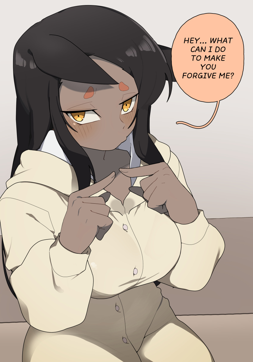 1girl absurdres animal_ears black_hair blush breasts buttons commentary couch dark-skinned_female dark_skin doberman doberman_girl_(gomulgong) dog_ears english_commentary english_text gomulgong highres hood hoodie index_fingers_together large_breasts long_hair looking_to_the_side original sitting speech_bubble sweat yellow_eyes