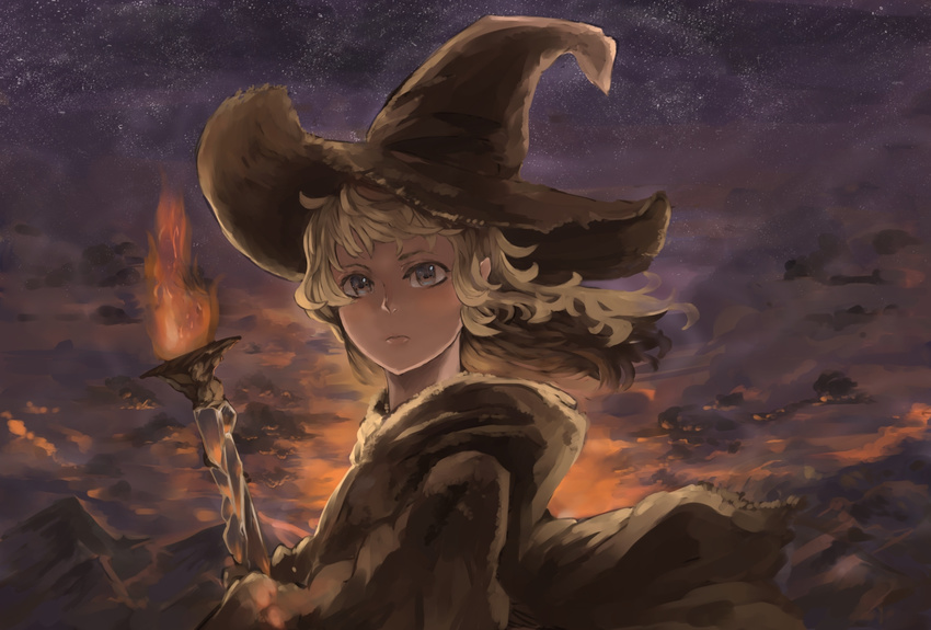 bad_id bad_pixiv_id candle cloud fire flame hat highres hood hood_down hoodie kureta_(nikogori) looking_at_viewer mountain night original sky solo staff witch_hat