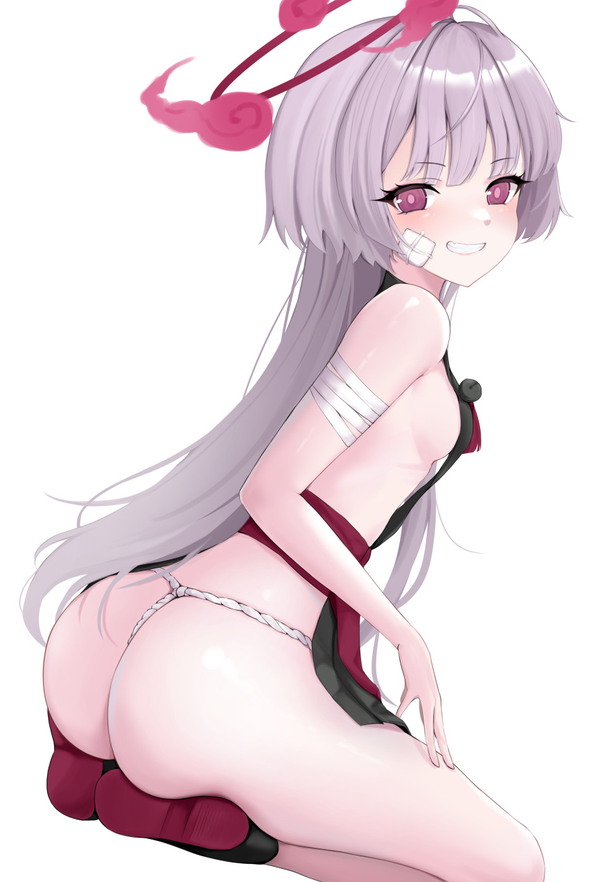 1girl absurdres ass backless_outfit bandaged_arm bandages bare_arms bare_shoulders blue_archive blush breasts commentary_request from_behind fundoshi g-string gauze_on_cheek grey_hair grin halo highres hitodama japanese_clothes long_hair looking_at_viewer obi purple_eyes sash seiza shawn358 shuro_(blue_archive) sideboob sideless_outfit simple_background sitting small_breasts smile solo thong white_background