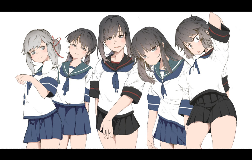 5girls arudonadmiral black_hair black_sailor_collar black_skirt blue_neckerchief blue_sailor_collar blue_skirt blunt_bangs brown_eyes collared_shirt cowboy_shot dress_shirt fubuki_(kancolle) fubuki_kai_ni_(kancolle) green_eyes grey_hair hair_ribbon hatsuyuki_(kancolle) highres kantai_collection letterboxed long_hair low_ponytail low_twintails miyuki_(kancolle) miyuki_kai_ni_(kancolle) multiple_girls neckerchief pleated_skirt ponytail red_ribbon ribbon sailor_collar school_uniform serafuku shirayuki_(kancolle) shirt short_hair sidelocks simple_background skirt twintails usugumo_(kancolle) white_background white_shirt