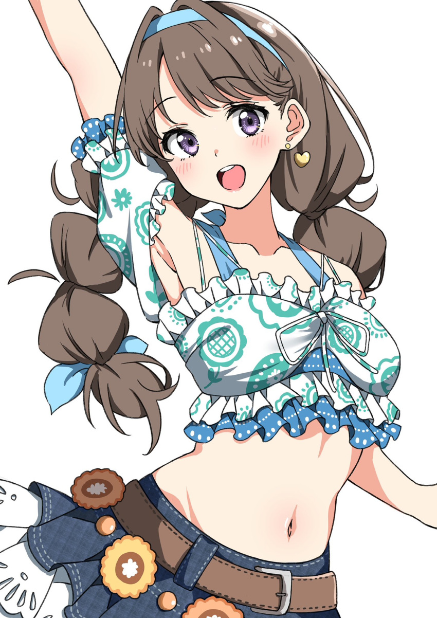 1girl :d arm_up armpits belt blue_hairband blush brown_belt brown_hair collarbone commentary cropped_shirt denim denim_skirt djpwjd1 earrings floral_print floral_print_shirt frilled_skirt frills fujishima_megumi hairband heart heart_earrings highres jewelry link!_like!_love_live! long_hair looking_at_viewer love_live! midriff miniskirt multi-tied_hair natsumeki_pain_(love_live!) navel off-shoulder_shirt off_shoulder official_alternate_costume official_alternate_hairstyle open_mouth purple_eyes shirt short_sleeves short_twintails simple_background skirt smile solo swept_bangs teeth twintails upper_teeth_only virtual_youtuber white_background white_shirt