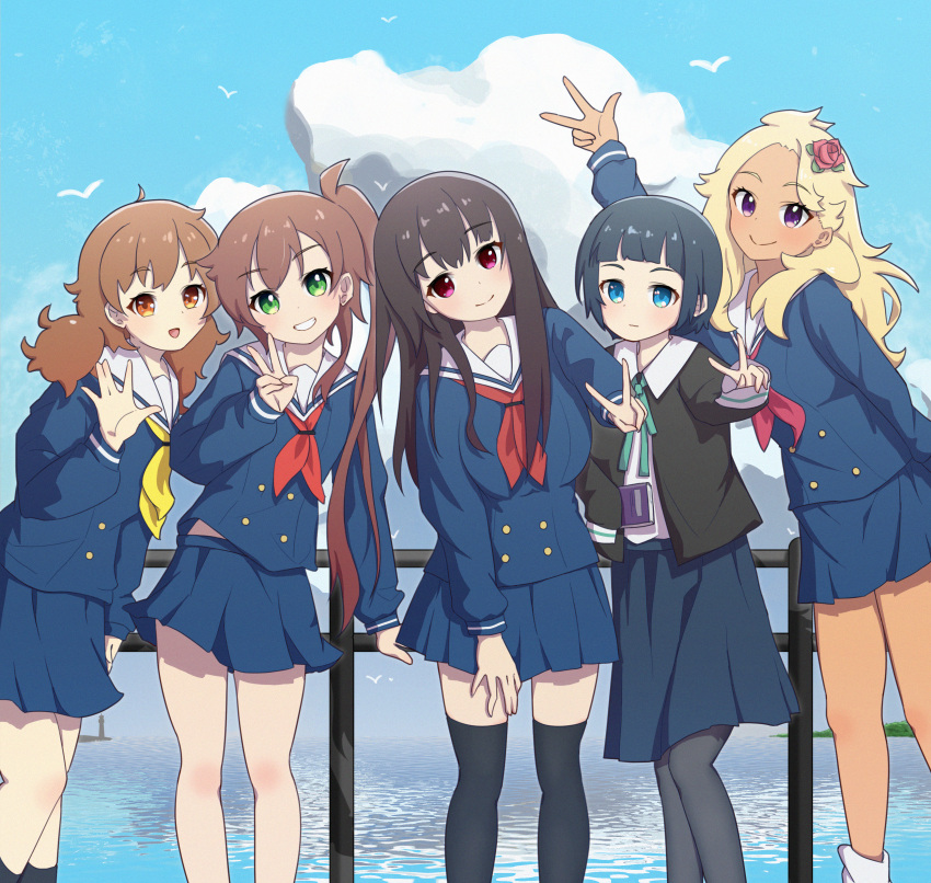 5girls absurdres bird black_hair black_pantyhose black_socks black_thighhighs blonde_hair blue_eyes brown_hair chikura_shizuru cloud green_eyes grin highres hoshi_nadeshiko kuga_reimi lighthouse long_sleeves looking_at_viewer multiple_girls nakatomi_yoka newminds ocean orange_eyes pantyhose pleated_skirt purple_eyes red_eyes school_uniform shinonome_akira shuumatsu_train_doko_he_iku? skirt smile socks tan teeth thighhighs uniform v