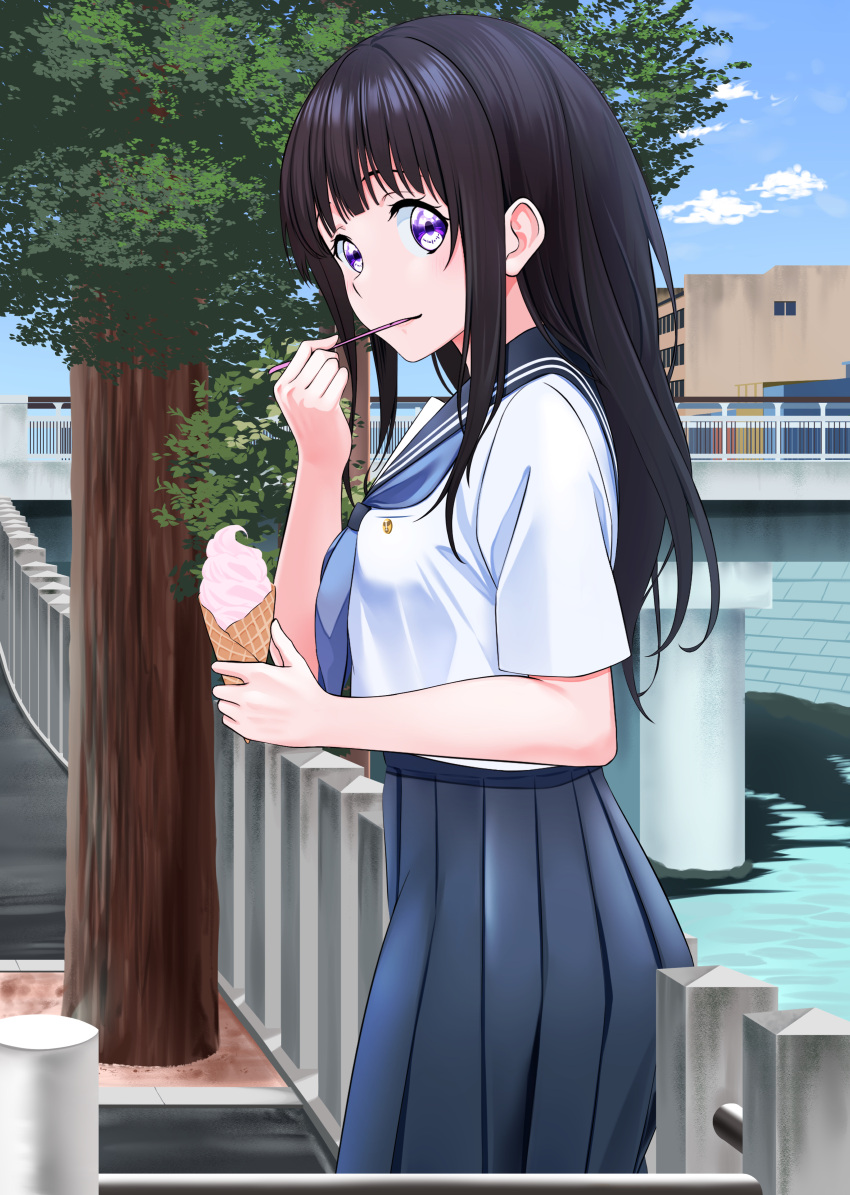 1girl absurdres black_hair black_sailor_collar black_skirt blue_neckerchief blue_sky bridge chitanda_eru cloud cowboy_shot day food highres hyouka ice_cream kamiyama_high_school_uniform_(hyouka) long_hair myjiq neckerchief outdoors pleated_skirt purple_eyes railing river sailor_collar school_uniform short_sleeves skirt sky solo tree utensil_in_mouth water