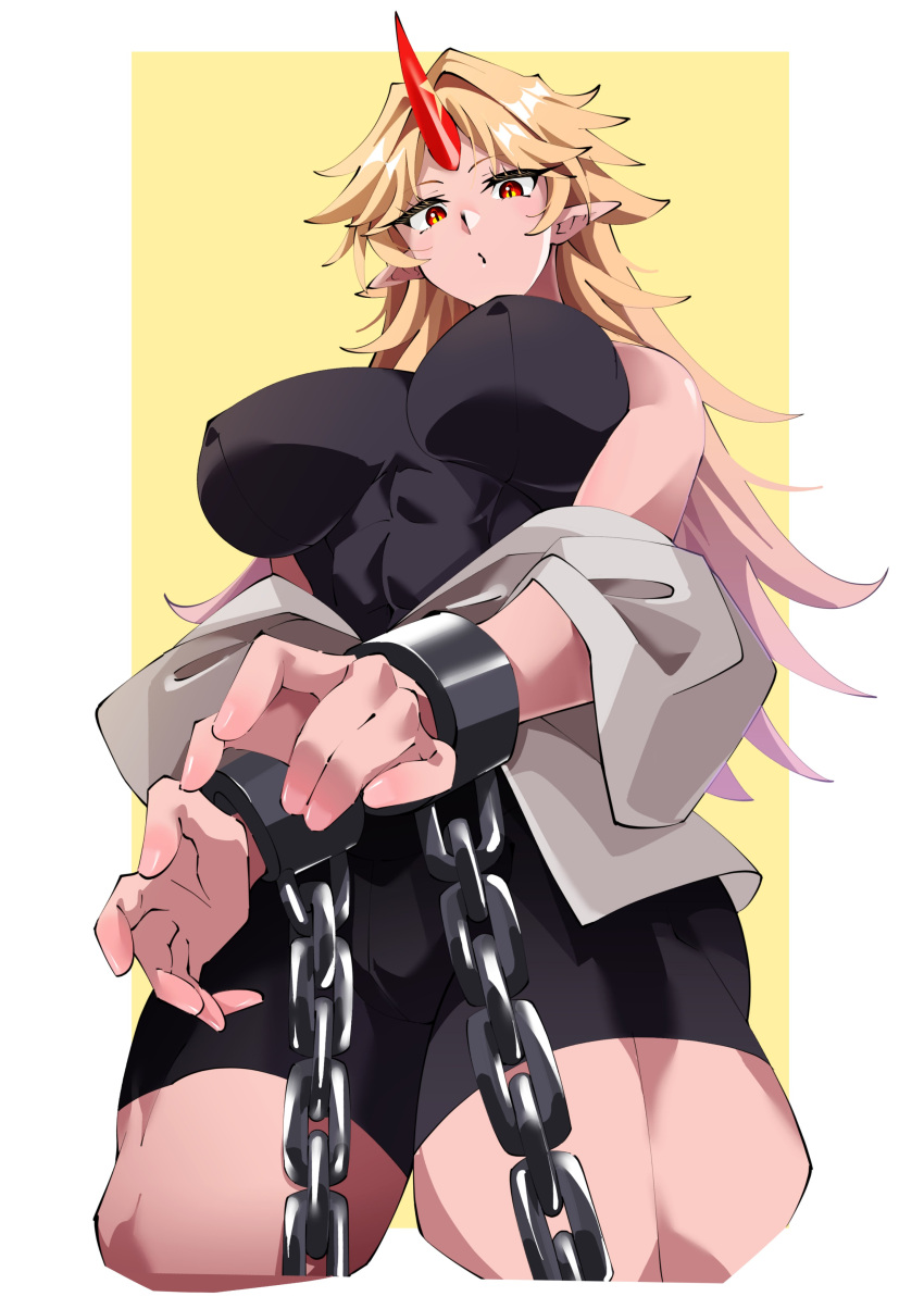 1girl absurdres bare_shoulders blonde_hair bodysuit breasts chain chained commentary_request covered_nipples cowboy_shot cuffs from_below fugaku_(miko_no_miyatsuguchi) gradient_hair highres horns hoshiguma_yuugi large_breasts long_hair looking_at_viewer multicolored_hair muscular muscular_female off_shoulder oni pointy_ears red_eyes red_horns shackles shirt single_horn solo touhou two-tone_background