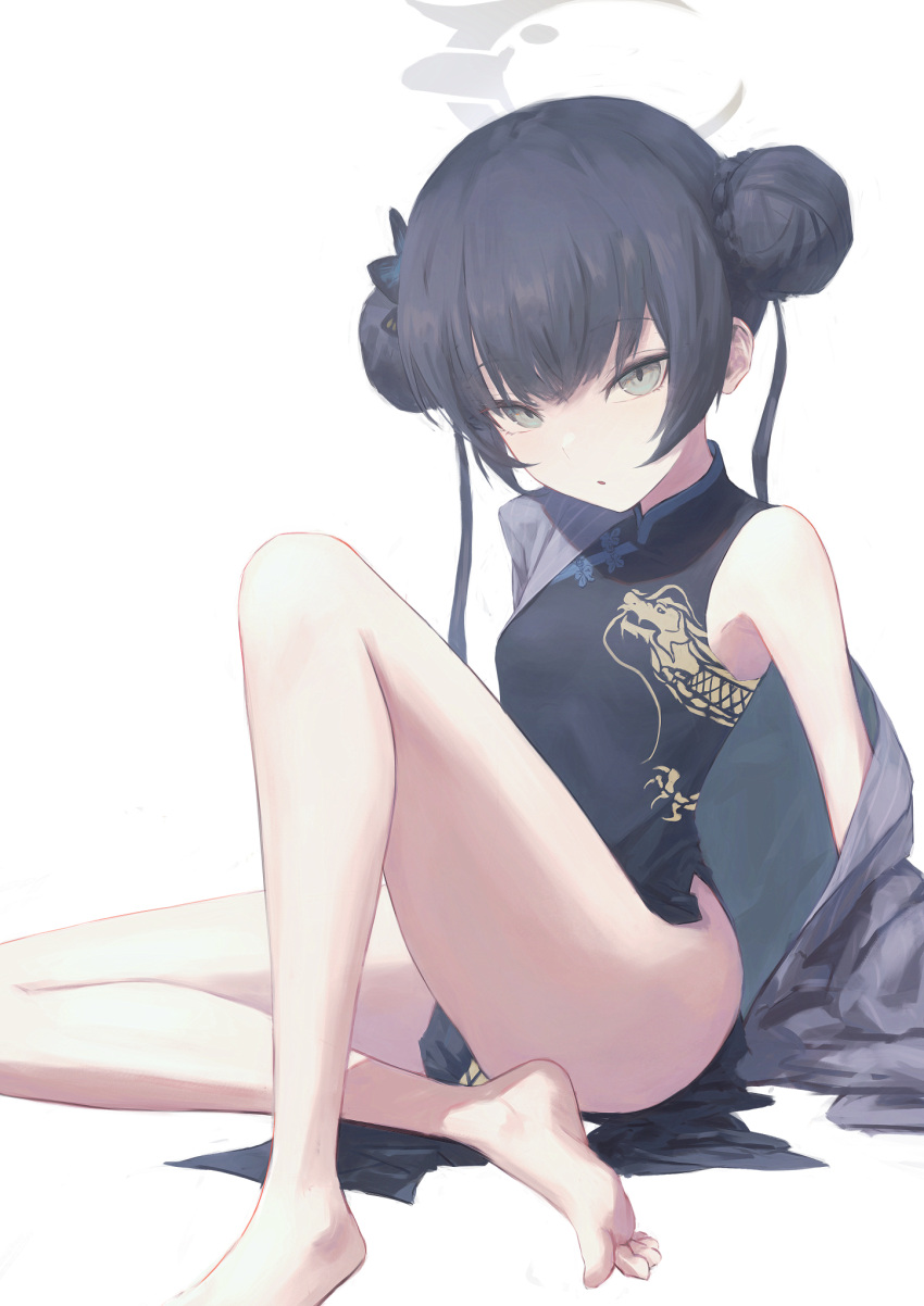 1girl bare_legs barefoot black_dress black_hair blue_archive blush braid breasts china_dress chinese_clothes commentary double_bun dragon_print dress feet full_body grey_eyes grey_halo grey_jacket hair_bun hair_ornament halo highres jacket kisaki_(blue_archive) knee_up legs long_sleeves looking_at_viewer on_ground open_mouth pelvic_curtain shadow sidelocks simple_background sitting small_breasts soles solo thighs toes tokaki twintails white_background