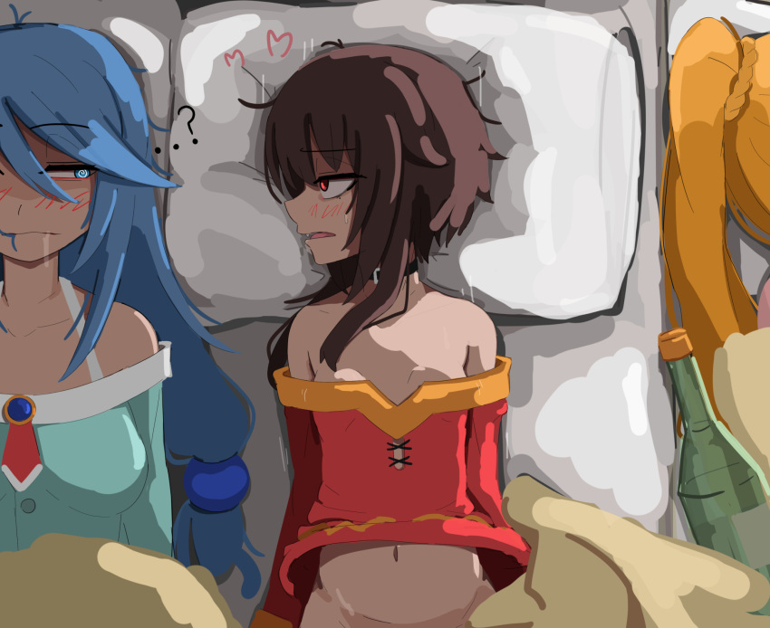 ... 3girls ? aqua_(konosuba) aqua_pajamas aqua_shirt bare_shoulders black_choker blanket blonde_hair blue_eyes blush bottle bra_strap breasts brown_hair choker clothes_lift collarbone commentary darkness_(konosuba) dress dress_lift drooling drunk english_commentary from_above futon groin hair_between_eyes hair_in_own_mouth half-closed_eyes heart high_ponytail highres jitome kono_subarashii_sekai_ni_shukufuku_wo! kurokimoko long_hair looking_at_another looking_to_the_side loving_aura lying medium_breasts megumin messy_hair multiple_girls navel necktie no_panties nose_blush off-shoulder_dress off_shoulder on_back on_side out-of-frame_censoring pajamas pillow ponytail red_dress red_eyes red_necktie saliva shirt short_hair short_hair_with_long_locks side-by-side sidelocks small_breasts swept_bangs unamused upper_body upturned_eyes variant_set wine_bottle