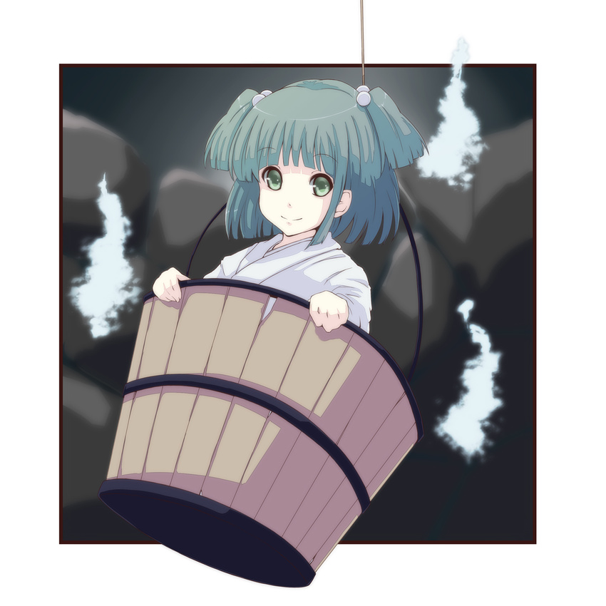 bad_id bad_pixiv_id bucket green_eyes green_hair hair_bobbles hair_ornament highres in_bucket in_container japanese_clothes kisume short_hair solo touhou tsuttsu twintails wooden_bucket