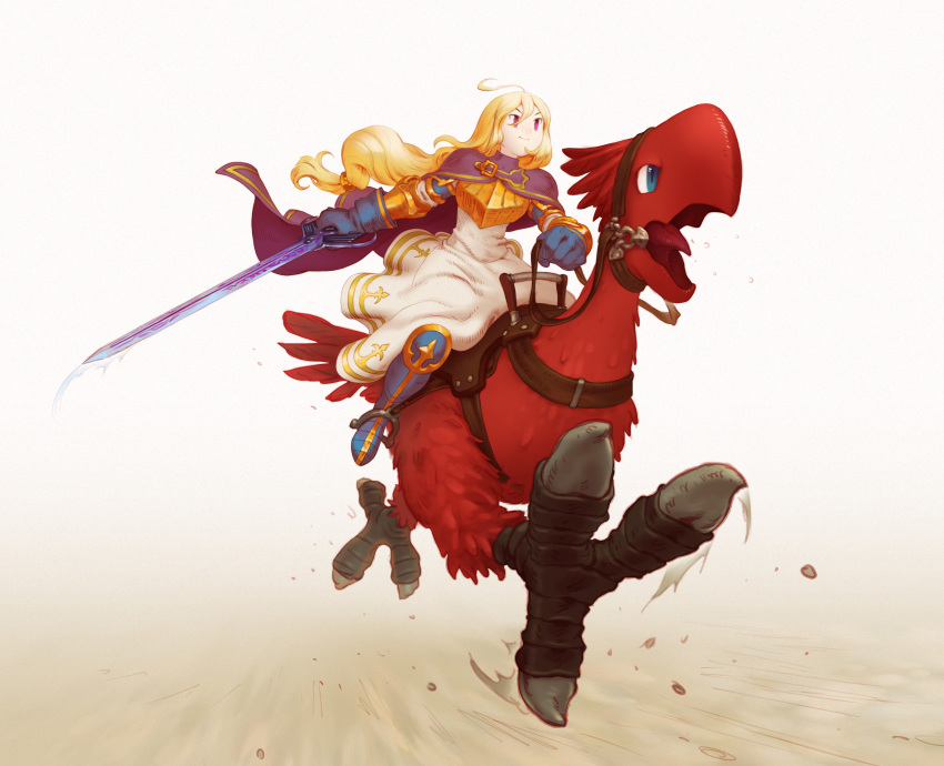 1girl absurdres ahoge beak bird blonde_hair blue_cape blue_eyes blue_gloves boots cape chocobo commission feathers final_fantasy final_fantasy_tactics gloves highres holding holding_reins holding_sword holding_weapon long_hair open_mouth ovelia_atkascha purple_eyes red_feathers reincarnation reins riding riding_animal riding_bird saddle second-party_source smile sword talons tanya_degurechaff weapon xoi youjo_senki