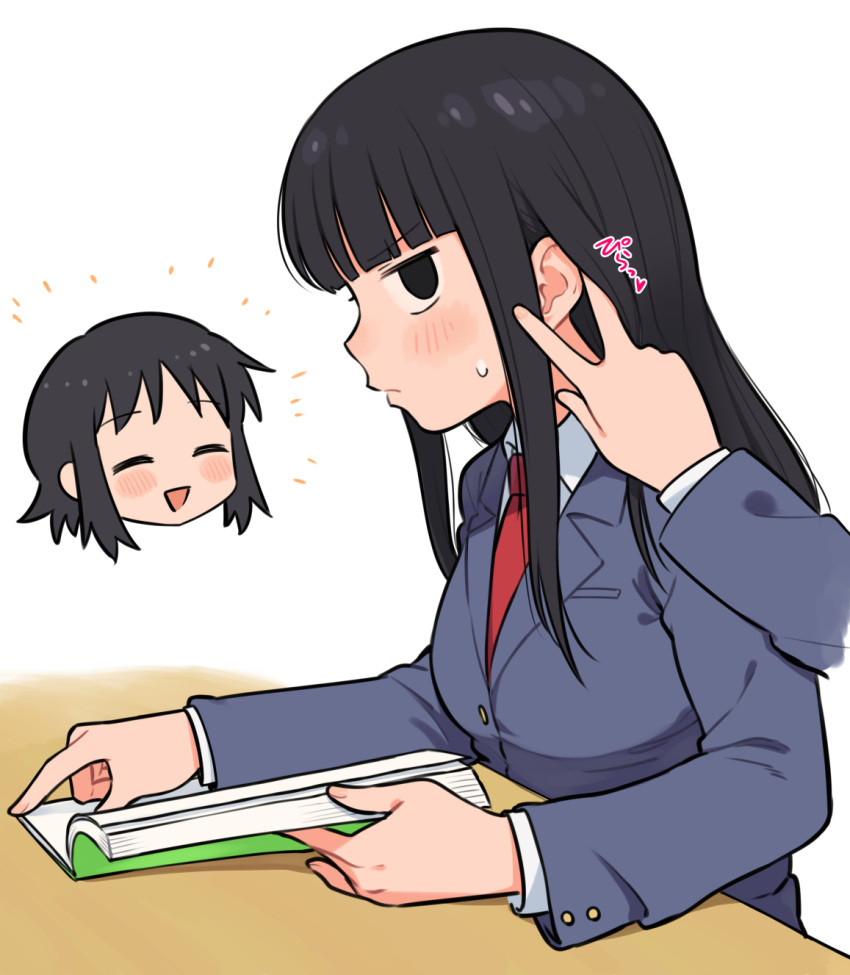 2girls adjusting_another's_hair bernard-jou_iwaku. black_eyes black_hair blazer blunt_bangs blush book breasts chibi chibi_inset closed_mouth collared_shirt commentary_request disembodied_limb ear_focus from_side frown grey_jacket highres jacket jitome kanbayashi_shiori lapels large_breasts long_hair long_sleeves looking_at_another looking_at_viewer machida_sawako meis_(terameisu) multiple_girls necktie open_book open_mouth profile red_necktie shirt short_hair sidelocks simple_background sitting small_sweatdrop smile table translation_request upper_body v-shaped_eyebrows white_background white_shirt