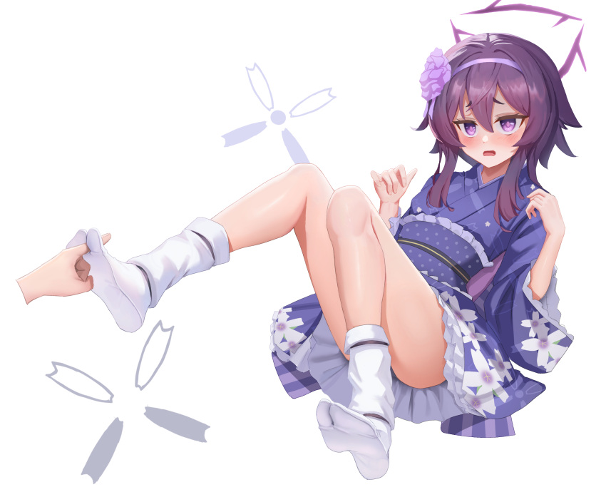 1girl absurdres between_toes blue_archive blush disembodied_limb feet hair_between_eyes hair_ornament halo haruka_(blue_archive) haruka_(new_year)_(blue_archive) highres japanese_clothes kimono knees_together_feet_apart legs medium_hair no_shoes official_alternate_costume open_mouth purple_eyes purple_hair simple_background socks soles solo_focus tabi taichi_suzuki white_background yukata