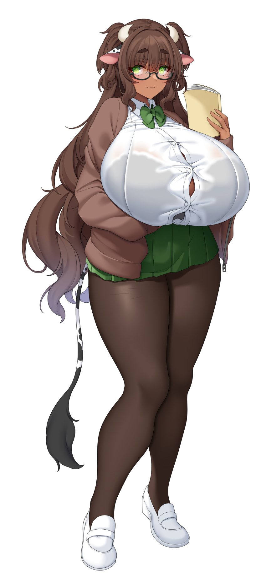 1girl :3 absurdres animal_ears bow bowtie breasts brown_hair brown_pantyhose button_gap cardigan cow_ears cow_girl cow_horns cow_tail curvy dark-skinned_female dark_skin glasses green_bow green_bowtie green_eyes green_skirt highres horns huge_breasts loafers long_hair mae_(bakeneko) miniskirt open_cardigan open_clothes original pantyhose pleated_skirt school_uniform second-party_source semi-rimless_eyewear shoes short_twintails simple_background skirt solo suruga_(xsurugax) tachi-e tail twintails under-rim_eyewear very_long_hair wavy_hair white_background