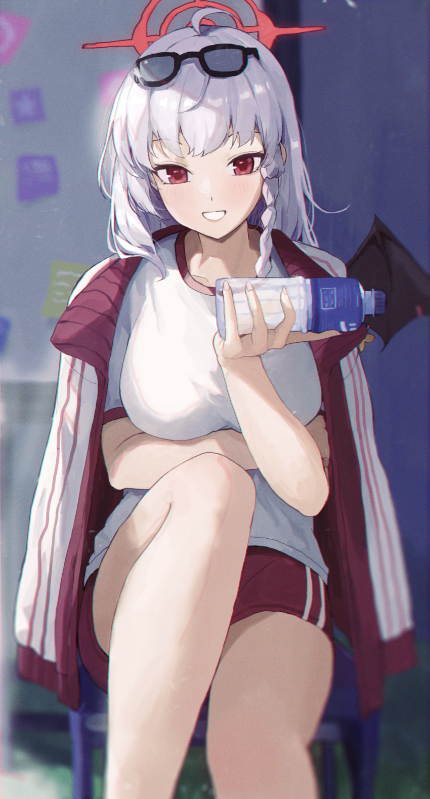 1girl absurdres arm_under_breasts black_tail black_wings blue_archive bottle braid buruma demon_wings eyewear_on_head gym_shirt gym_uniform halo haruna_(blue_archive) haruna_(track)_(blue_archive) highres holding holding_bottle jacket jacket_on_shoulders jianjia knee_up long_hair looking_at_viewer official_alternate_costume plastic_bottle red_buruma red_halo shirt side_braid single_wing sitting smile thighs track_jacket white_hair white_shirt wings