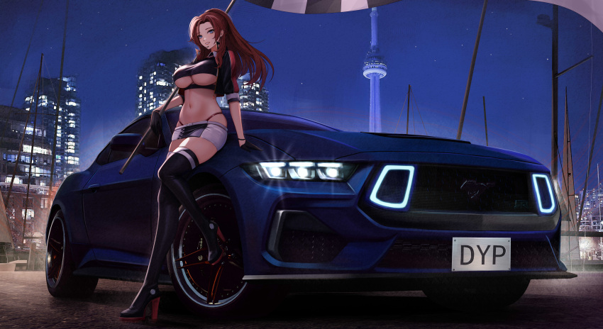 1girl absurdres black_pantyhose blue_eyes breasts brown_hair building car checkered_flag cropped_jacket flag full_body high_heels highres holding holding_flag kcar66t long_hair looking_at_viewer miniskirt motor_vehicle night original pantyhose ponytail race_queen race_vehicle racecar scenery shrug_(clothing) skirt smile solo sports_car two-tone_leotard underboob