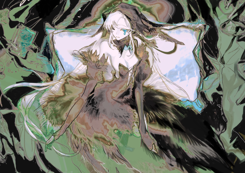 1girl abstract_background absurdres alternate_eye_color bare_shoulders black_dress black_hat blue_eyes breasts cleavage colored_skin cowboy_shot detached_collar detached_sleeves dress dungeon_meshi fur-trimmed_sleeves fur_trim green_background head_scarf highres juliet_sleeves long_sleeves marcille_donato marcille_donato_(lord) mina_si_suowaya one_eye_covered puffy_sleeves sleeves_past_wrists solo spoilers strapless strapless_dress swept_bangs tears white_hair white_skin