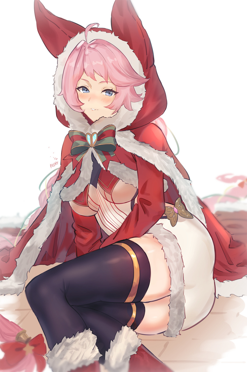 1girl absurdly_long_hair ahoge animal_ear_hood artist_name black_thighhighs blue_eyes blush bow bowtie braid breasts capelet christmas cloak coat dress feet_out_of_frame fishofthelakes fur-trimmed_coat fur-trimmed_dress fur-trimmed_footwear fur_trim granblue_fantasy hair_bow hair_spread_out highres hood hood_up long_hair long_sleeves official_alternate_costume pink_hair red_bow red_cloak red_footwear sideless_outfit solo striped_bow striped_bowtie striped_clothes thighhighs tien_(graceful_elf's_gown)_(granblue_fantasy) tien_(granblue_fantasy) underboob very_long_hair white_background