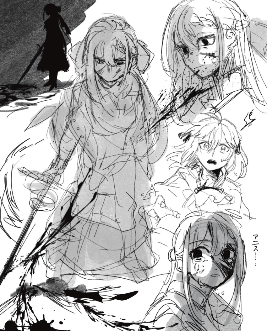 2girls ahoge anisphia_wynn_palettia blood blood_on_face blood_splatter closed_mouth commentary crying crying_with_eyes_open dress euphyllia_magenta expressionless greyscale hair_ribbon highres holding holding_sword holding_weapon koyomania long_hair looking_at_another medium_hair monochrome multiple_girls open_mouth parted_lips ribbon sketch sweatdrop sword tears tensei_oujo_to_tensai_reijou_no_mahou_kakumei weapon