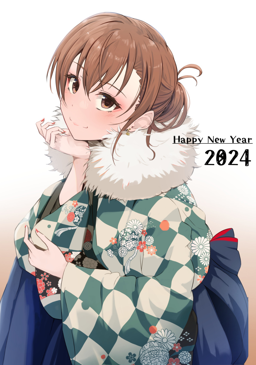 1girl blush brown_eyes brown_hair commentary_request fur_trim happy_new_year highres japanese_clothes k3rd kimono looking_at_viewer medium_hair misaka_mikoto new_year obi pink_kimono sash simple_background smile solo toaru_kagaku_no_railgun toaru_majutsu_no_index white_background wide_sleeves yukata