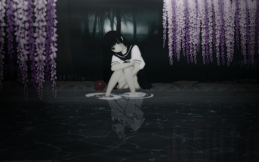 black_hair enma_ai etoo_miyuki flowers jigoku_shoujo mikage_yuzuki red_eyes seifuku tree water wet