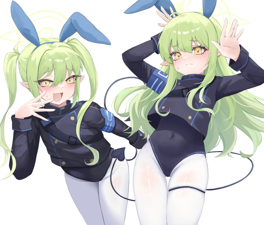 2girls absurdres animal_ears armband black_jacket black_leotard blue_archive blue_armband blush closed_mouth commentary_request covered_navel crop_top cropped_jacket demon_tail fake_animal_ears fang green_hair green_halo halo hand_to_own_mouth hands_up highres hikari_(blue_archive) jacket leaning_forward leotard leotard_under_clothes long_hair long_sleeves looking_at_viewer multiple_girls no_gloves nozomi_(blue_archive) open_mouth pantyhose playboy_bunny pointy_ears rabbit_ears rabbit_pose shawn358 sidelocks simple_background skin_fang skindentation sweat sweatdrop tail thigh_gap thigh_strap twintails white_background white_pantyhose yellow_eyes