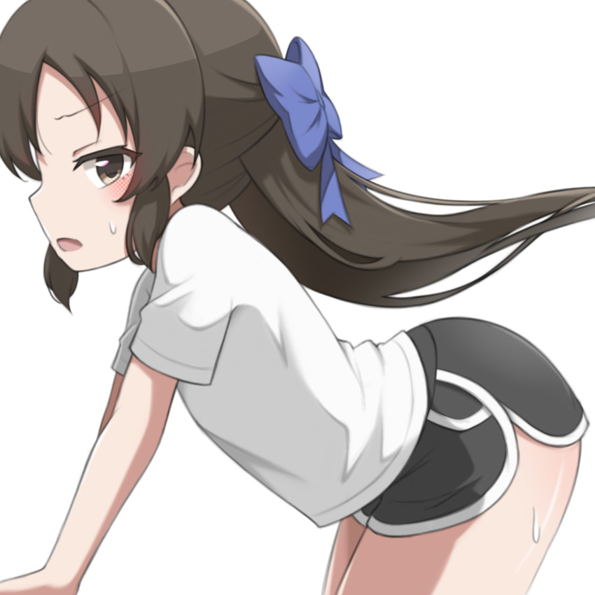 1girl black_hair black_shorts blush bow dolphin_shorts from_side hair_bow half_updo highres idolmaster idolmaster_cinderella_girls leaning_forward looking_at_viewer mooramango profile shirt short_shorts short_sleeves shorts simple_background solo sweat sweatdrop tachibana_arisu white_background white_shirt