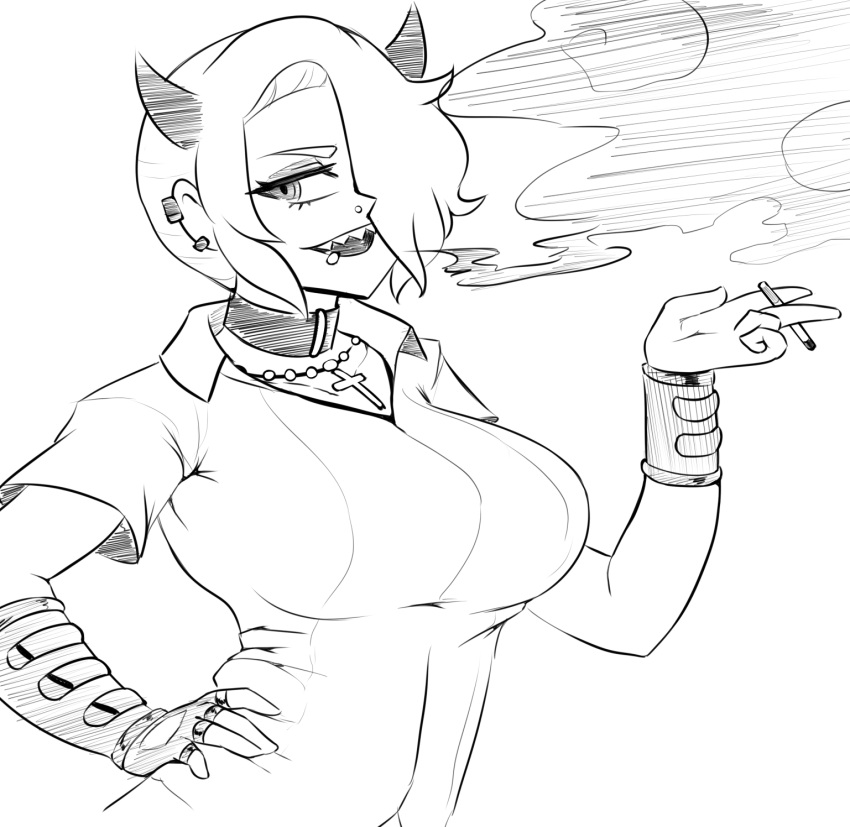 1girl cigarette daaxem demon demon_girl demon_horns ear_piercing hair_over_one_eye hand_on_own_stomach helltaker highres holding holding_cigarette horns looking_to_the_side mouth_piercing nose_piercing piercing sharp_teeth shirt smoking teeth zdrada_(helltaker)