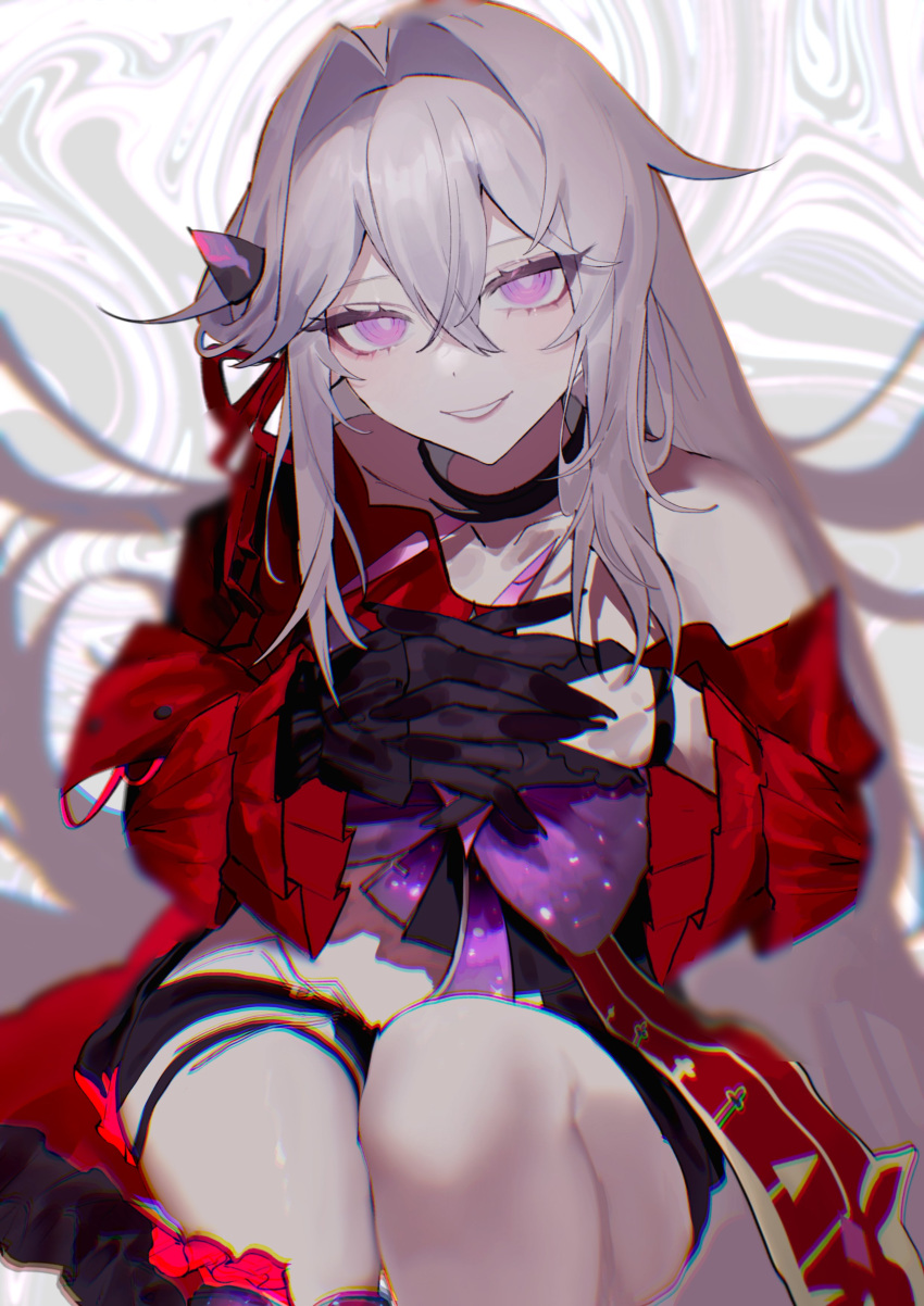 1girl abstract_background absurdres black_gloves black_shorts commentary_request crossed_bangs gloves hair_between_eyes hair_intakes highres honkai_(series) honkai_impact_3rd interlocked_fingers jacket lips long_hair looking_at_viewer midriff purple_eyes red_jacket ribbon_hair_ornament shorts single_bare_shoulder smile solo thelema_(honkai_impact) thighs us2_uoxo white_hair