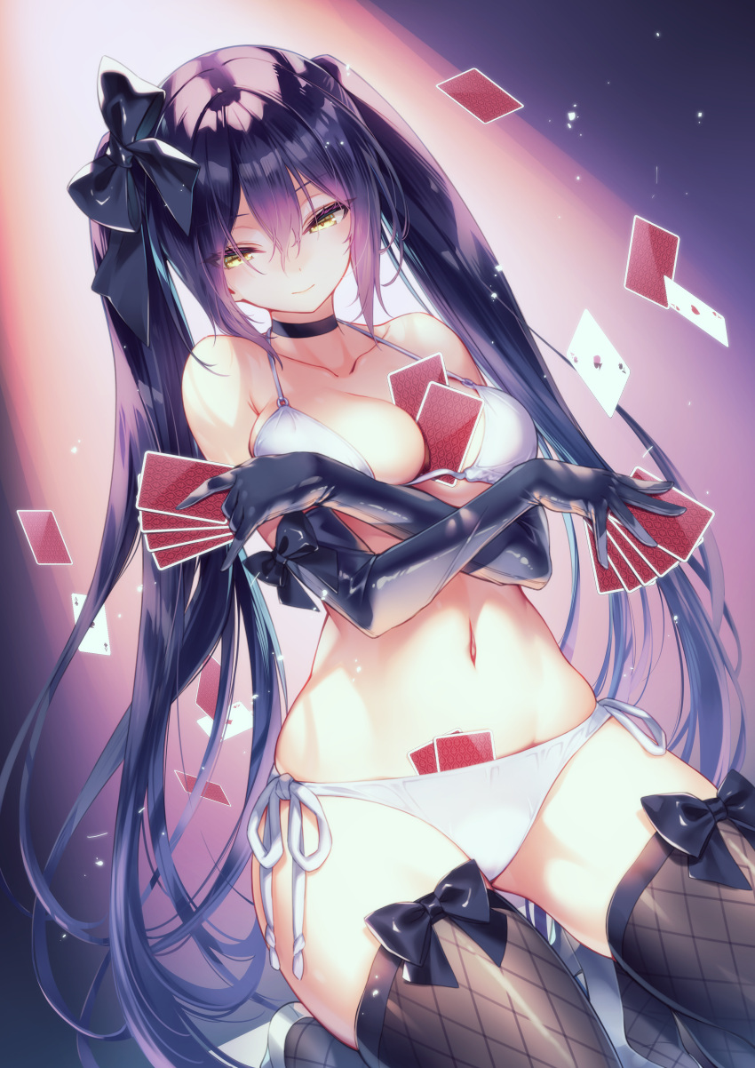 1girl absurdres between_breasts bikini black_choker black_gloves black_hair black_ribbon black_thighhighs blush breasts breasts_squeezed_together card card_between_breasts choker cleavage commission elbow_gloves floating_card gloves hair_between_eyes highres hirano_katsuyuki holding holding_card kneeling large_breasts long_hair looking_at_viewer navel original pixiv_commission playing_card ribbon smile solo swimsuit thighhighs twintails white_bikini yellow_eyes